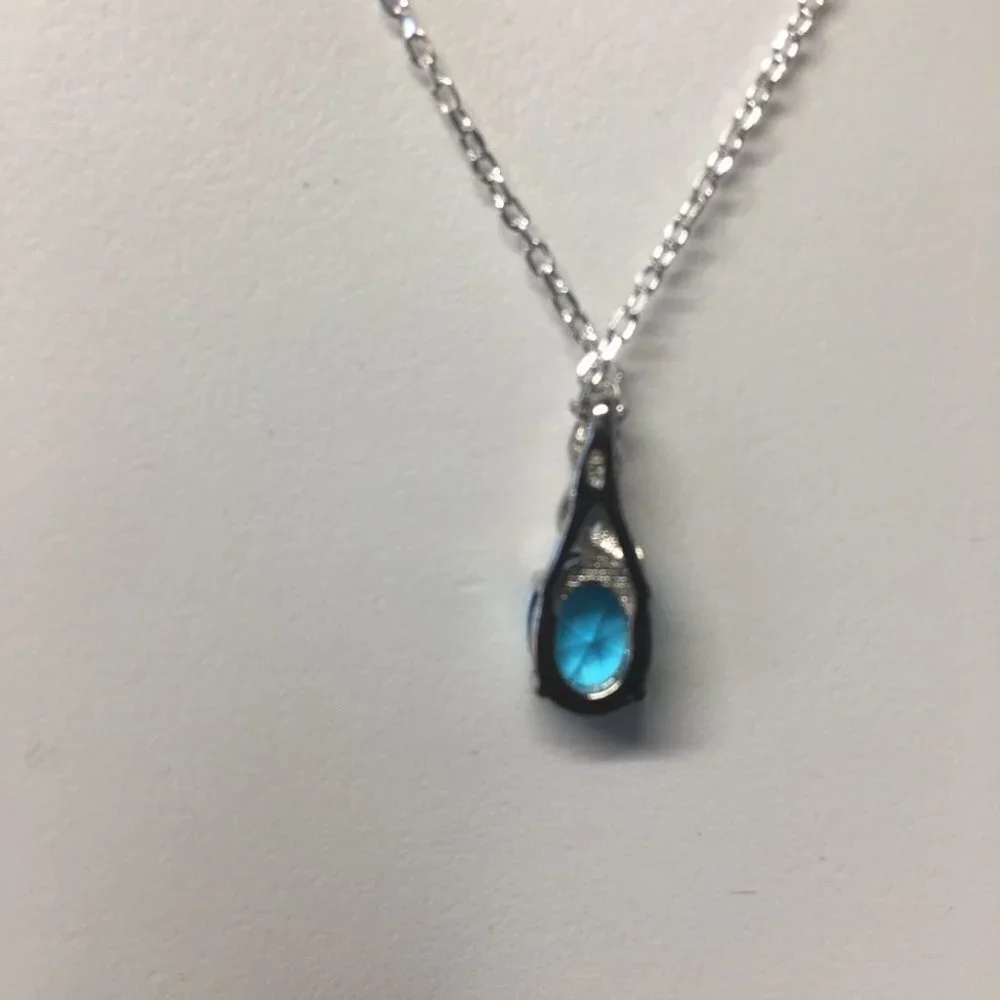 CZ Cubic Zirconia Aqua Drop Pendant Sterling Silver  Necklace -18 inches